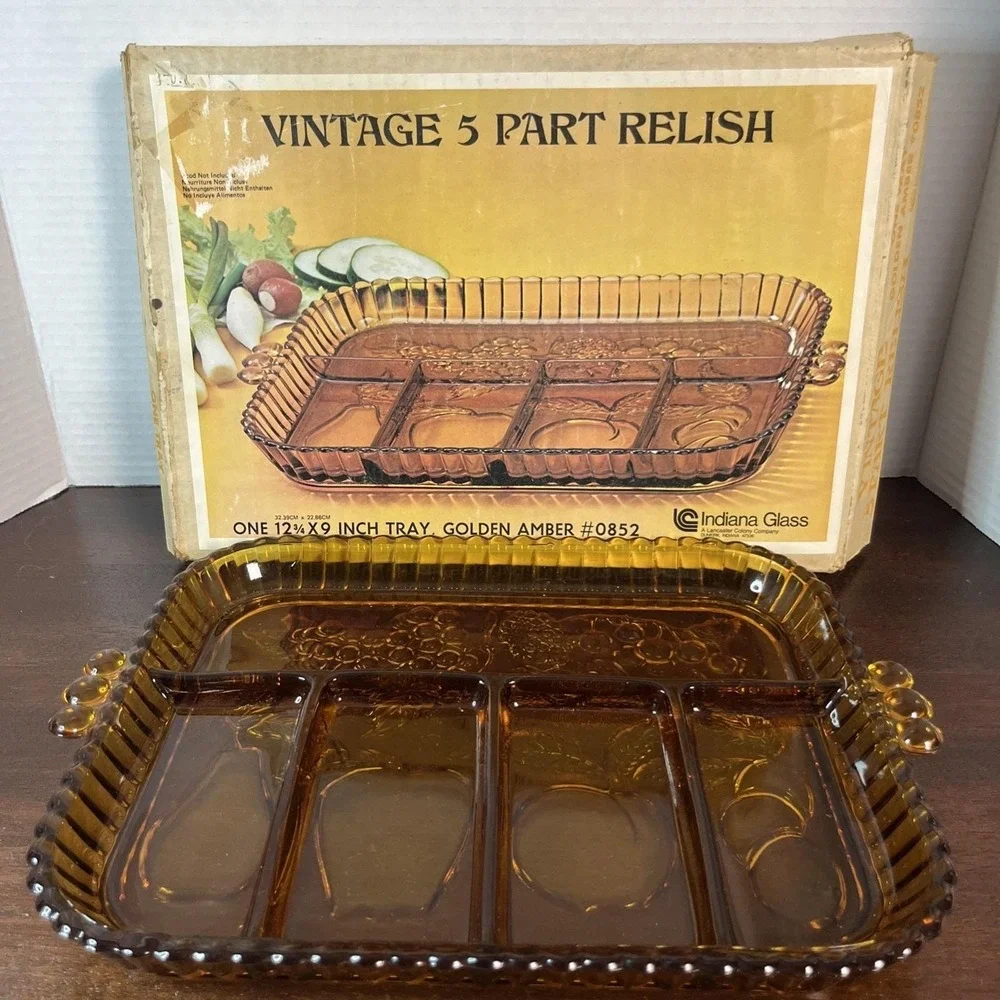 Vtg Indiana Glass Golden Amber Fruit Embossed 5 Part Divided Relish Tray Platter